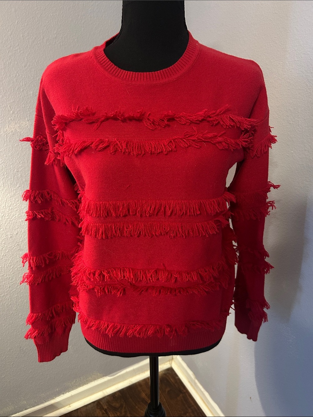 Pink Lily Women Juniors Red Fringe Crewneck Sweater Size Small